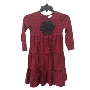 Hanna Anderson maroon gray polka dot long sleeve girls tiered dress size 6-7